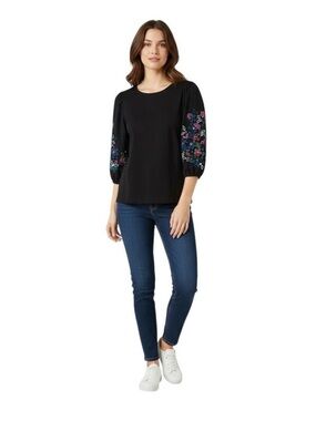Chico's Black Floral Embroidered Puff Sleeve Knit Top